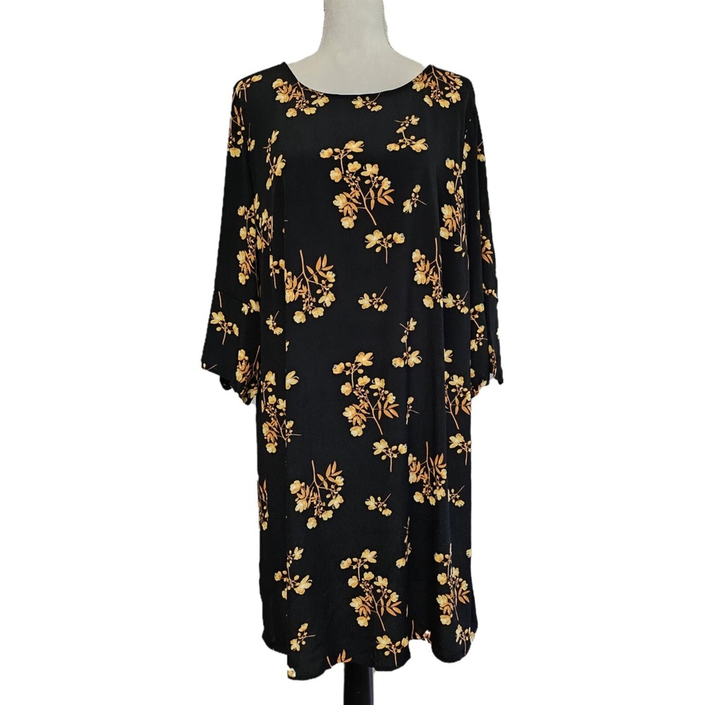 NWT Ellos Autumn Golden Floral Print Black Shift Dress‎ Size 18 Dark Cottagecore